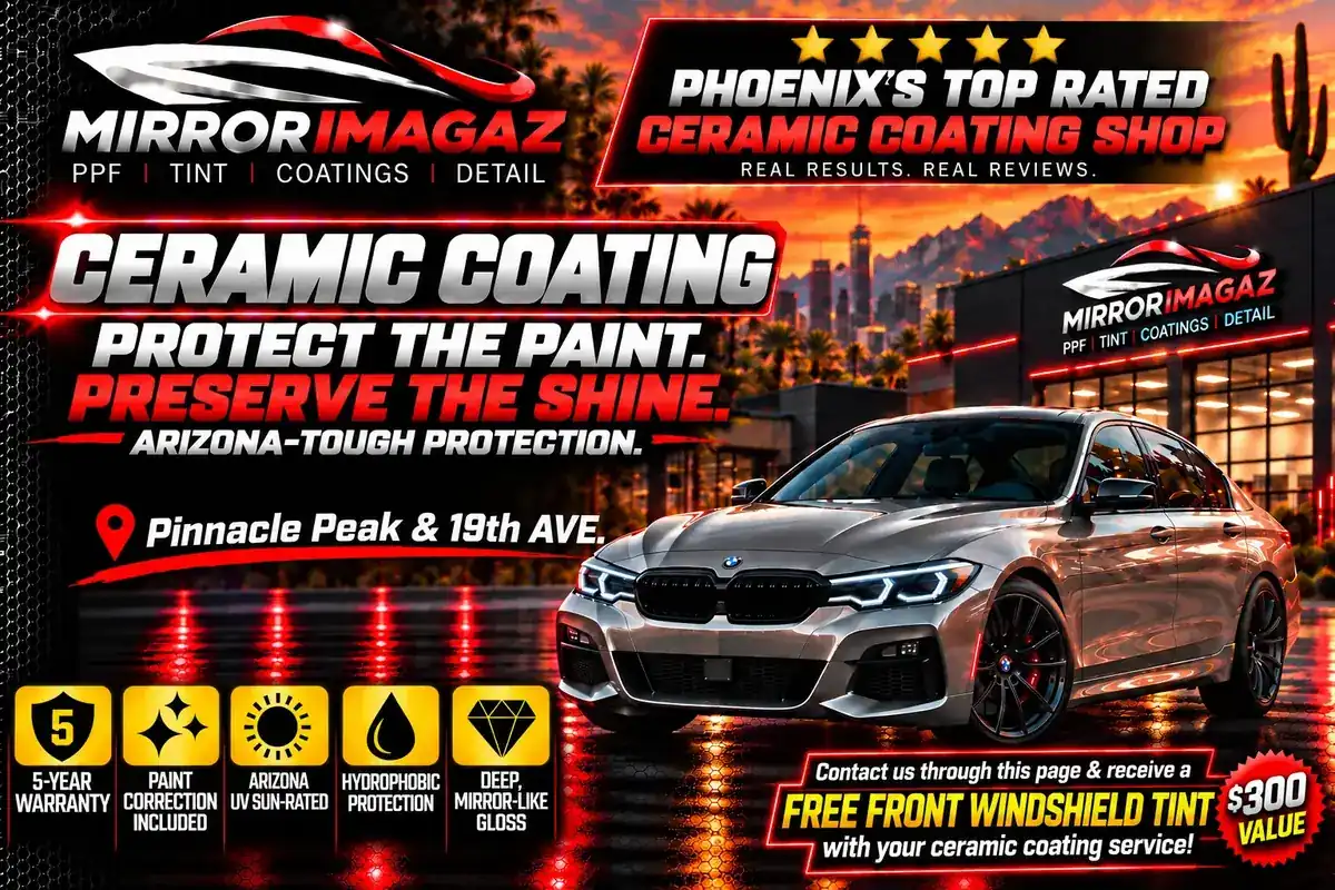 Mirror ImagAZ ceramic coating promotion featuring 5-year warranty, paint correction, Arizona sun-rated protection and hydrophobic protection