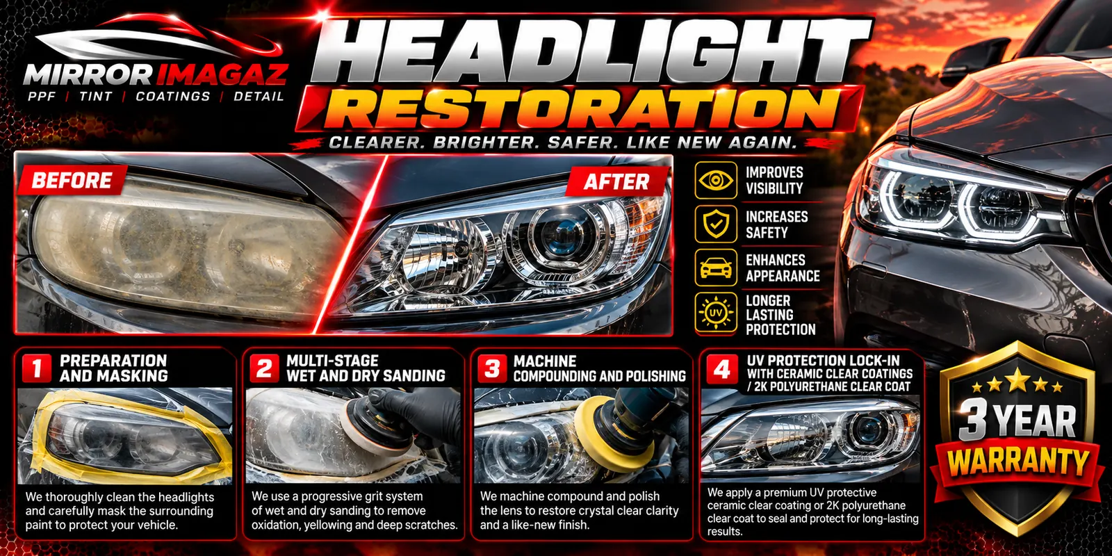 Mirror ImagAZ headlight restoration before and after with 4-step process and 3-year warranty