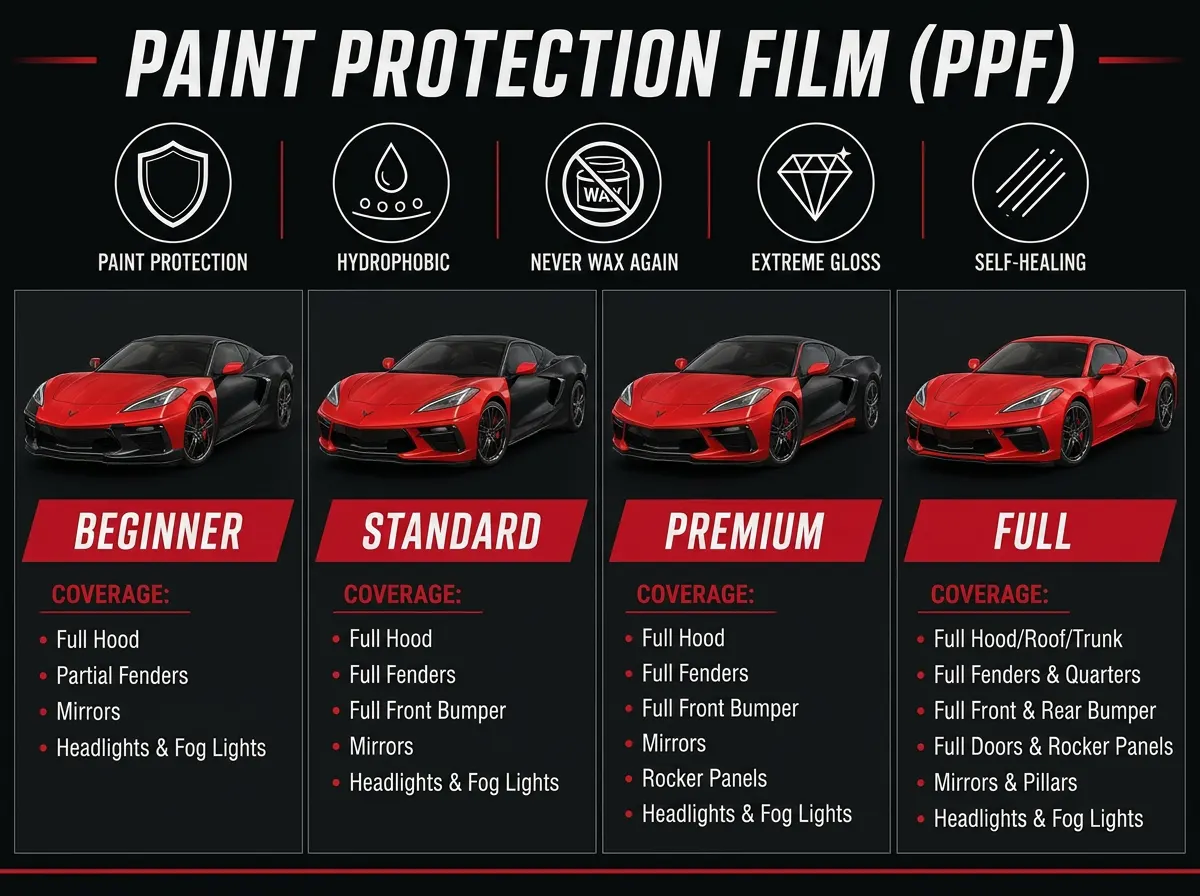 Paint Protection Film coverage levels: Beginner, Standard, Premium, Full